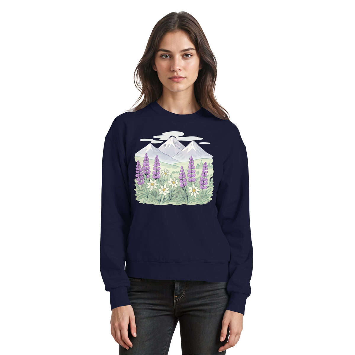 Arvenzo Alpine Bloom navy sweatshirt with a front graphic design, casual fit, and soft cotton fabric for comfortable wear.