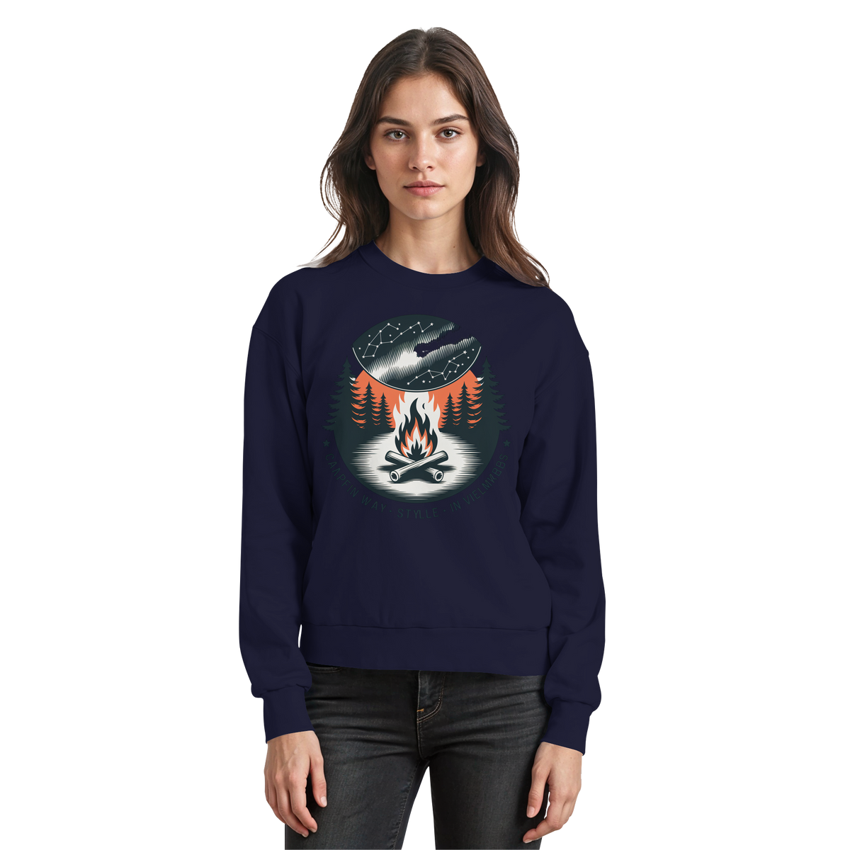 Navy Arvenzo Star Map sweatshirt with a celestial star pattern on the front, made of cozy sweatshirt fabric.