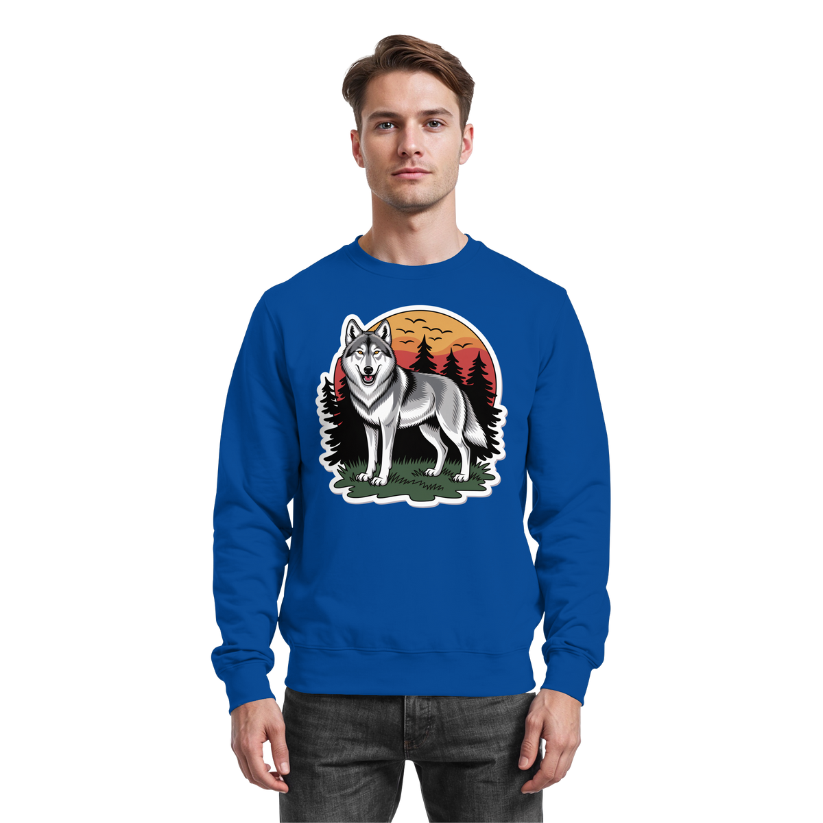 Arvenzo Lone Dusk sweatshirt in royal blue, front view showing a casual fit and classic crewneck design.