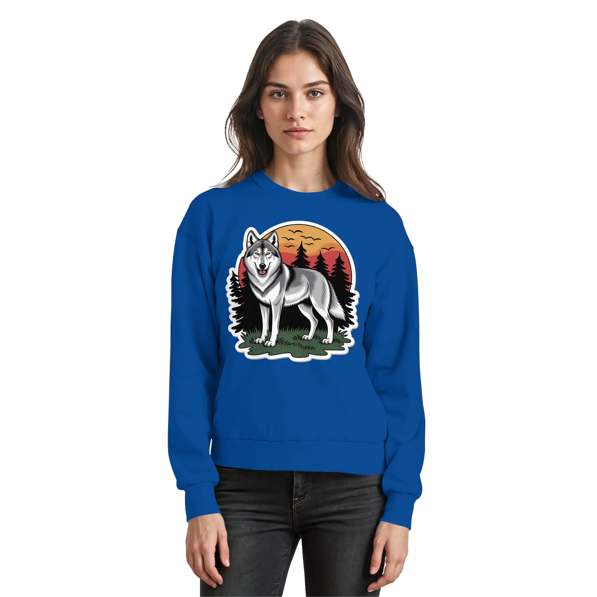 Royal blue Arvenzo Lone Dusk sweatshirt front view, casual long-sleeve sweatshirt with a simple design and comfortable fit.