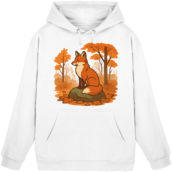 Ember Trail hoodie in Arctic White with a fox in an autumn forest – Arvenzo