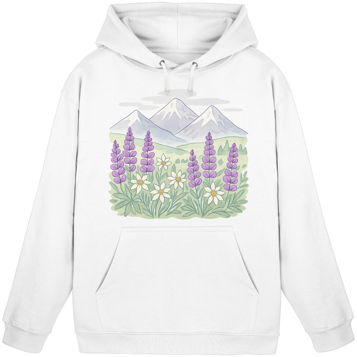 Arvenzo Alpine Bloom Hoodie in Arctic White, unisex front view showing casual hoodie with a simple design and comfortable fit.