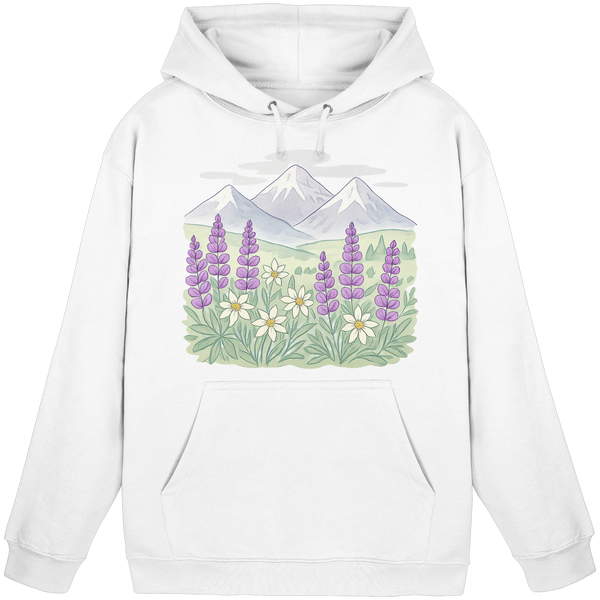 Alpine Bloom hoodie in Arctic White with an alpine wildflower and mountain – Arvenzo