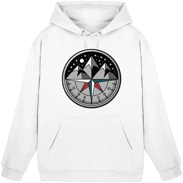 Compass Rose hoodie in Arctic White with starry compass and snowy mountain print – Arvenzo