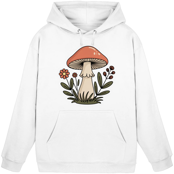 Still Roots hoodie in Arctic White with a mushroom and wildflower – Arvenzo