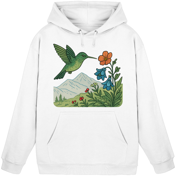 Bloom Wing hoodie in Arctic White with a hummingbird and flowers – Arvenzo