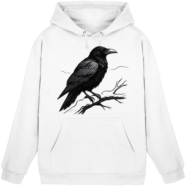 Dark Raven hoodie in Arctic White with a raven on a branch – Arvenzo