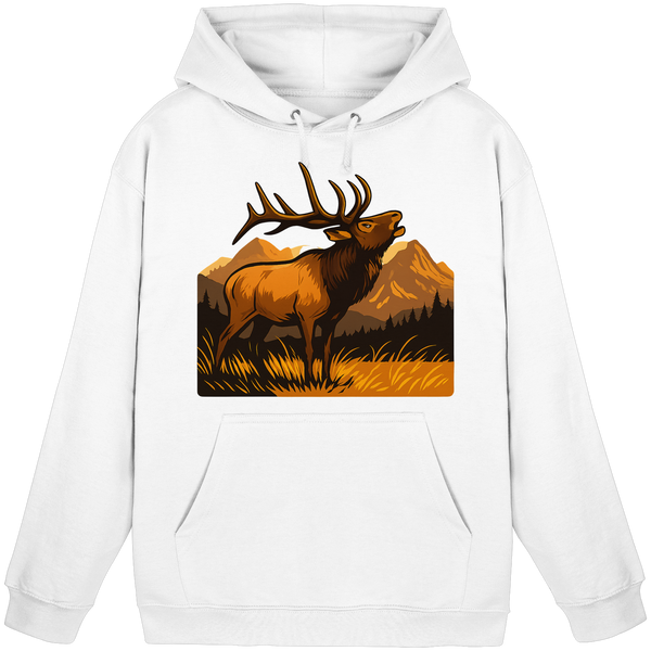 Elk Meadow hoodie in Arctic White with a bull elk in a meadow – Arvenzo
