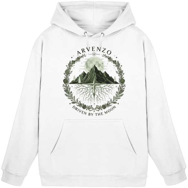 Lunar Horizon hoodie in Arctic White with a mountain, moon and laurel wreath – Arvenzo