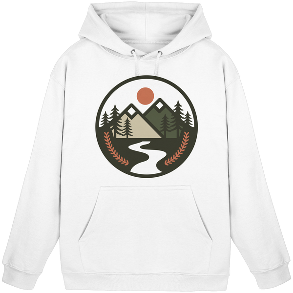 Open Ground hoodie in Arctic White with a round mountain, sun and trail badge – Arvenzo