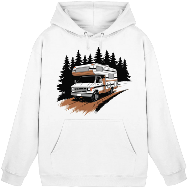 Pathfinder hoodie in Arctic White with a camper van on a forest road – Arvenzo
