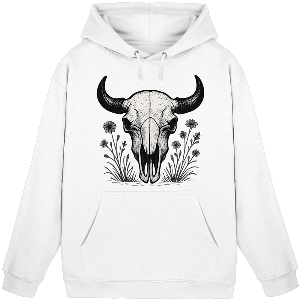 Unisex Arctic White Bison Skull Hoodie by Arvenzo, front view showing the bold bison skull graphic on the hoodie.