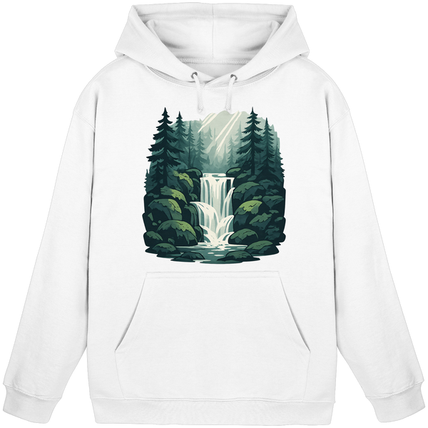 Fall Creek hoodie in Arctic White with a waterfall in a pine forest – Arvenzo