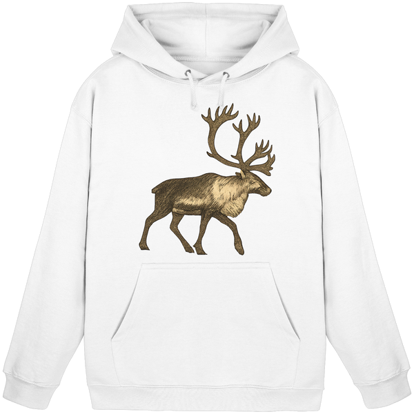 Tundra Walk hoodie in Arctic White with a caribou reindeer – Arvenzo