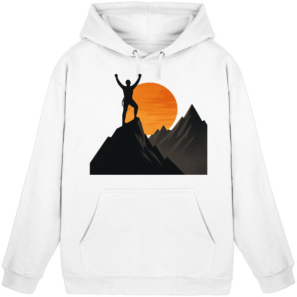 Bold Ascent hoodie in Arctic White with a hiker on a mountain summit at sunset – Arvenzo