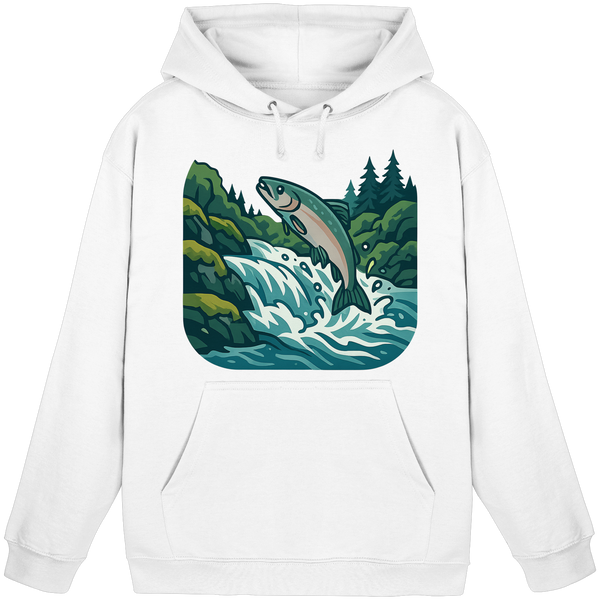 Silver Run hoodie in Arctic White with a salmon leaping up a river – Arvenzo