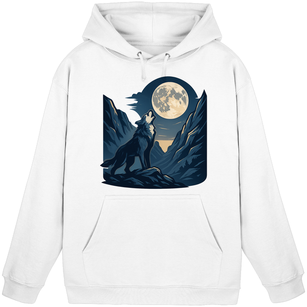 Silver Howl hoodie in Arctic White with a wolf howling at the full moon – Arvenzo