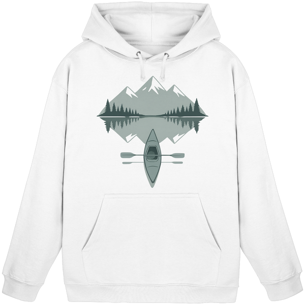 Mirror Lake hoodie in Arctic White with a kayak on a mirrored mountain lake – Arvenzo