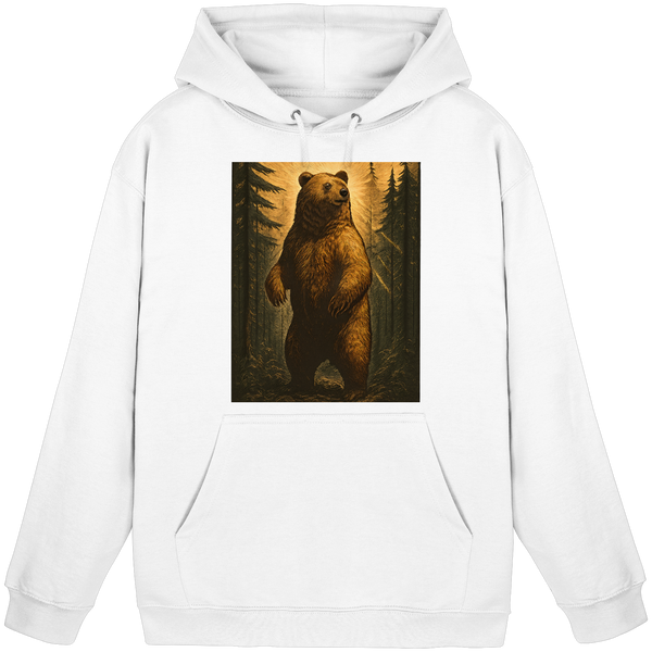 Deep Timber hoodie in Arctic White with a bear in the forest – Arvenzo