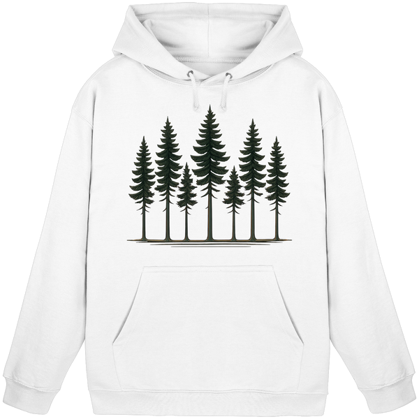 Front view of Arvenzo Pine Dusk Hoodie in Arctic White, a unisex hoodie with a casual fit and soft fabric.