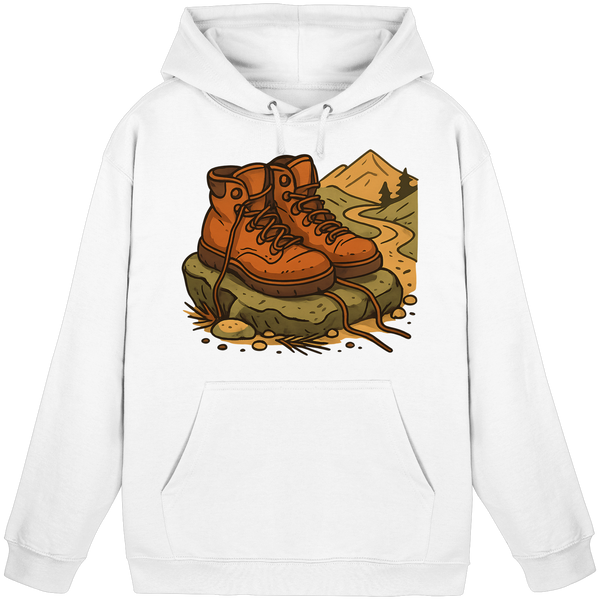 Trail Rest hoodie in Arctic White with a pair of hiking boots on the trail – Arvenzo
