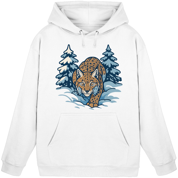 Snow Lynx hoodie in Arctic White with a lynx in the snow – Arvenzo