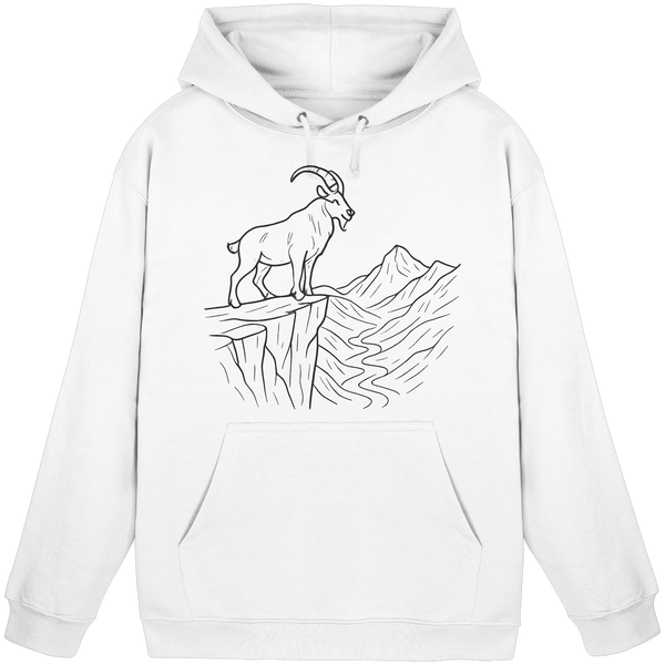 Cliff Edge hoodie in Arctic White with a mountain goat on a cliff line-art – Arvenzo