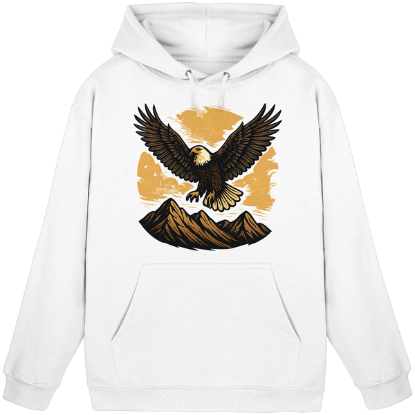 Iron Wing hoodie in Arctic White with a soaring eagle over mountains – Arvenzo