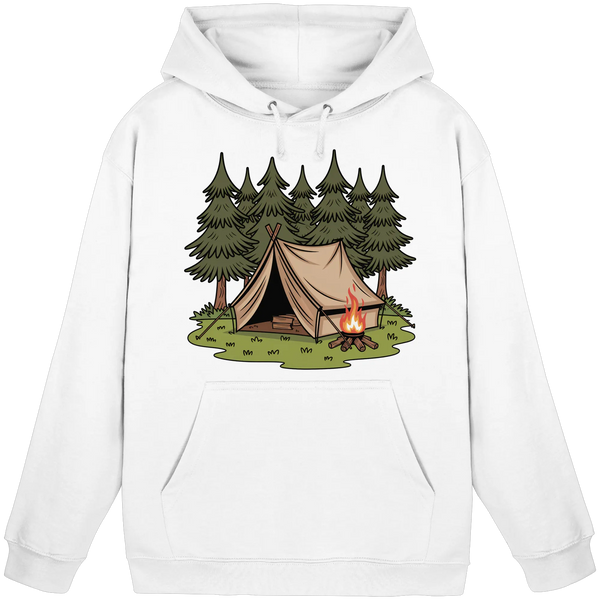 Rustic Retreat hoodie in Arctic White with a tent, campfire and pine forest – Arvenzo
