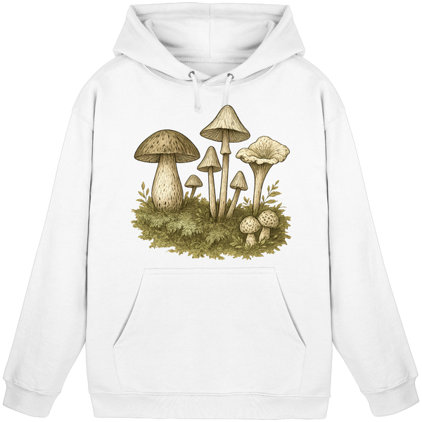 Forest Floor hoodie in Arctic White with a forest mushroom – Arvenzo