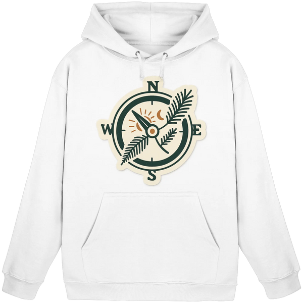 Trail Compass hoodie in Arctic White with a vintage compass and fern leaf – Arvenzo