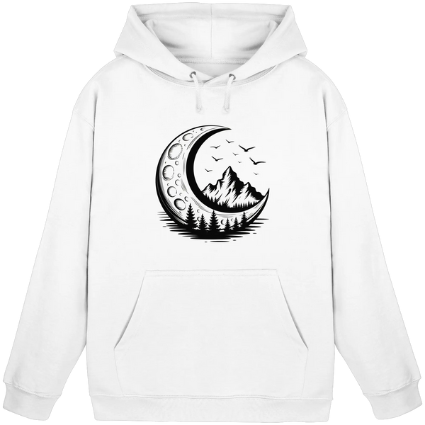 Crescent Peak hoodie in Arctic White with a crescent moon and mountain – Arvenzo