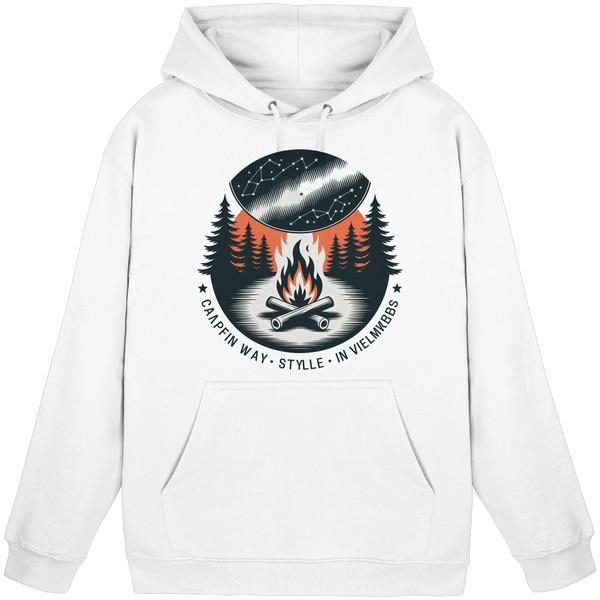 Star Map hoodie in Arctic White with a campfire under a starry sky – Arvenzo