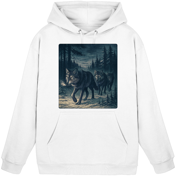 Pack North hoodie in Arctic White with a wolf pack in a night forest – Arvenzo