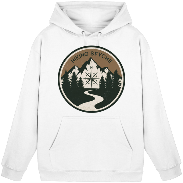Trail Crest hoodie in Arctic White with a vintage hiking badge with compass and mountains – Arvenzo