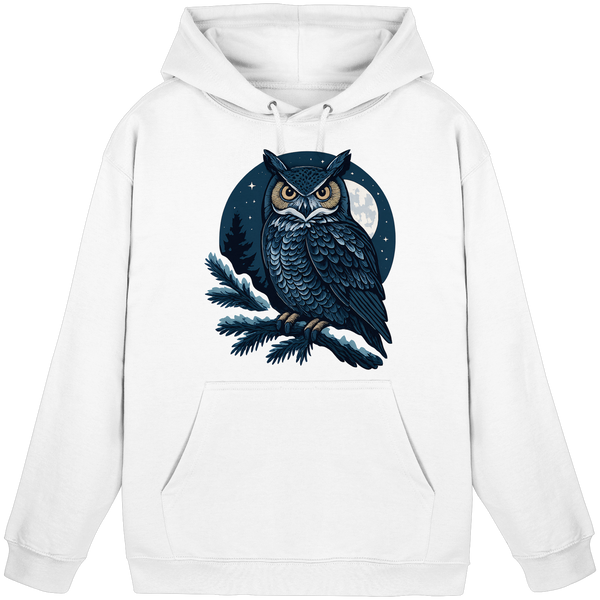 Night Watch hoodie in Arctic White with a night owl on a pine branch – Arvenzo