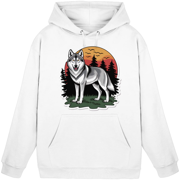 Lone Dusk hoodie in Arctic White with a lone wolf at sunset – Arvenzo