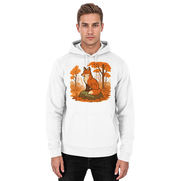 Ember Trail hoodie in Arctic White with a fox in an autumn forest – Arvenzo