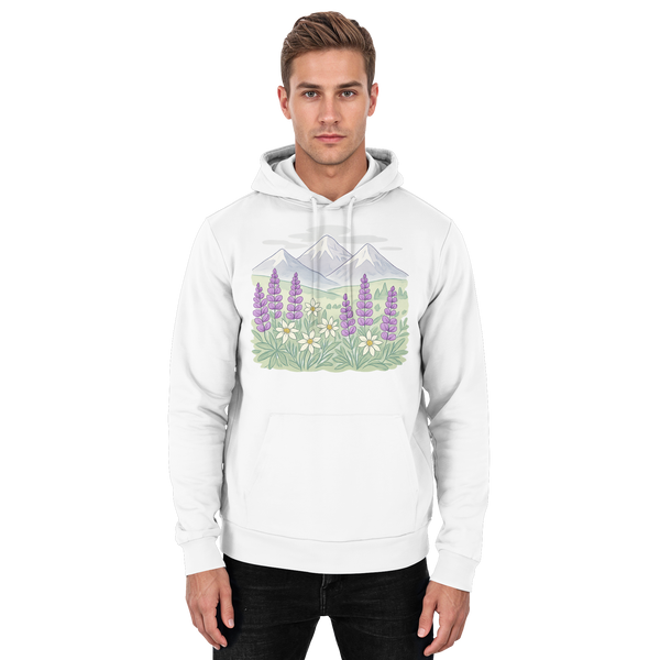 Alpine Bloom hoodie in Arctic White with an alpine wildflower and mountain – Arvenzo