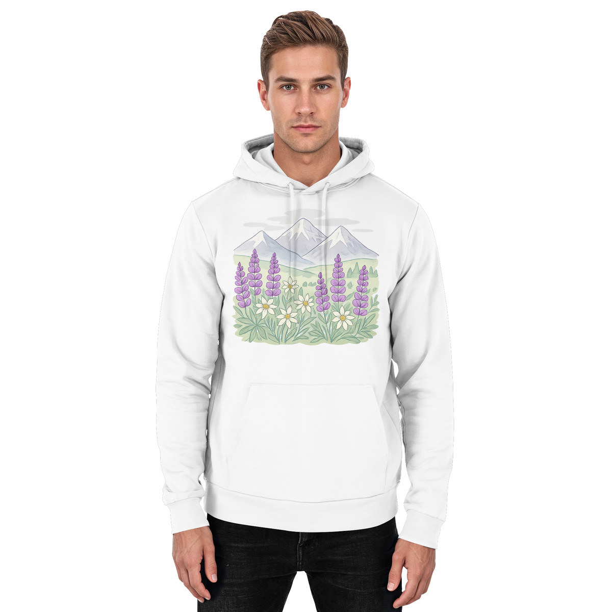 Arvenzo Alpine Bloom hoodie in Arctic White, front view showing classic unisex hoodie with a simple design.