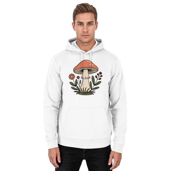 Still Roots hoodie in Arctic White with a mushroom and wildflower – Arvenzo