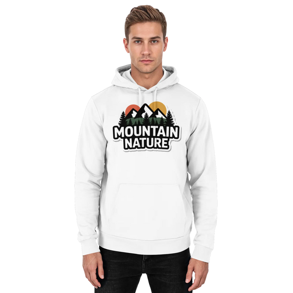 High Ridge hoodie in Arctic White with a 'Mountain Nature' badge with peaks and sun – Arvenzo