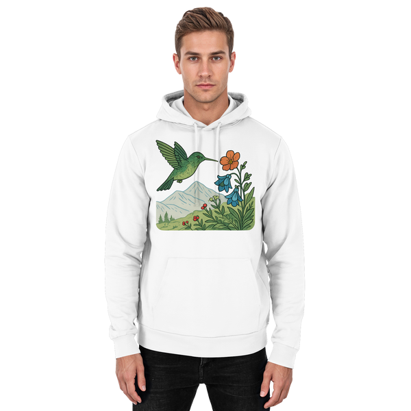 Bloom Wing hoodie in Arctic White with a hummingbird and flowers – Arvenzo