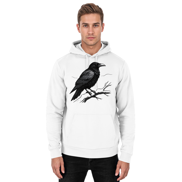 Dark Raven hoodie in Arctic White with a raven on a branch – Arvenzo
