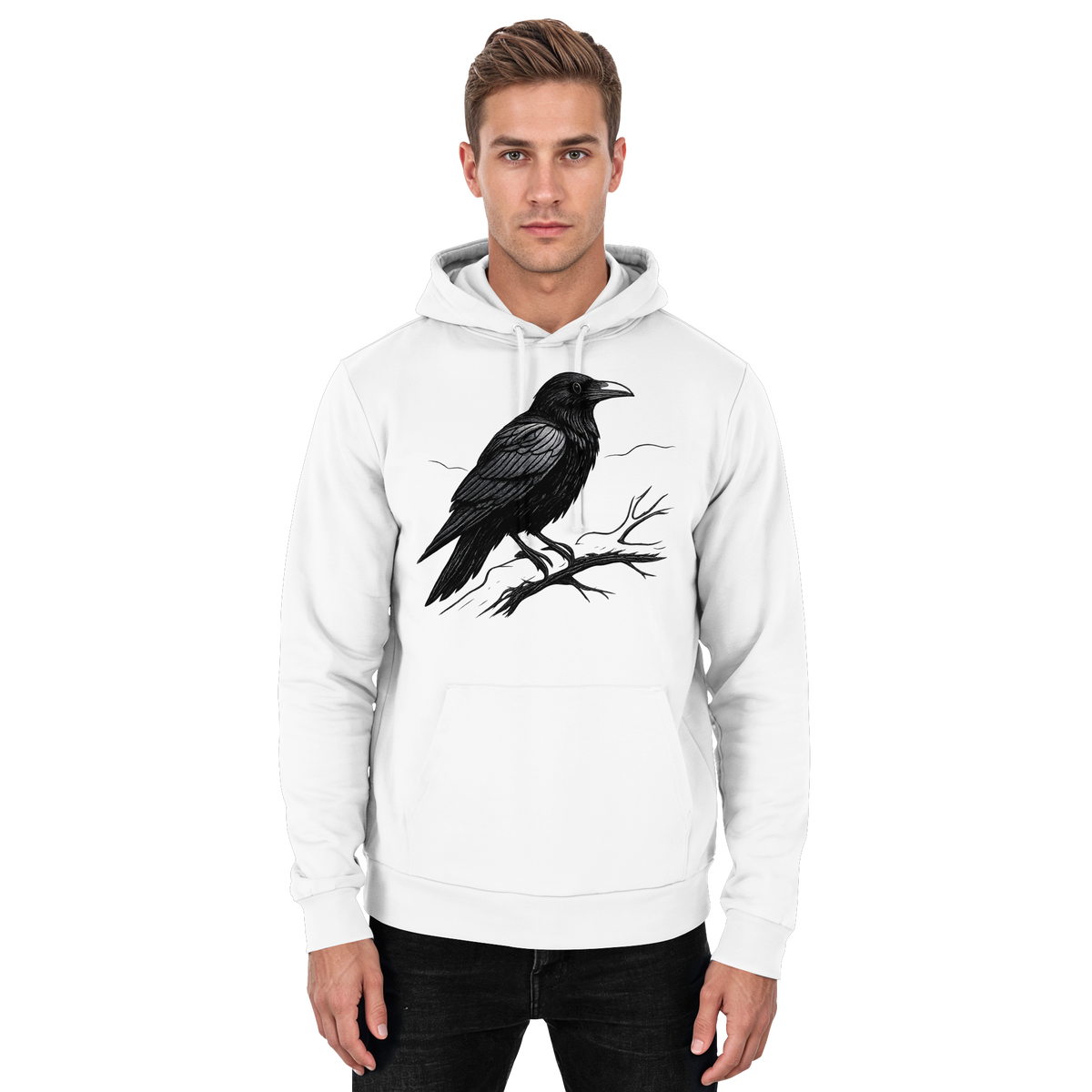 Front view of Arvenzo Dark Raven Hoodie, unisex casual hoodie in Arctic White with a simple design and comfortable fit.