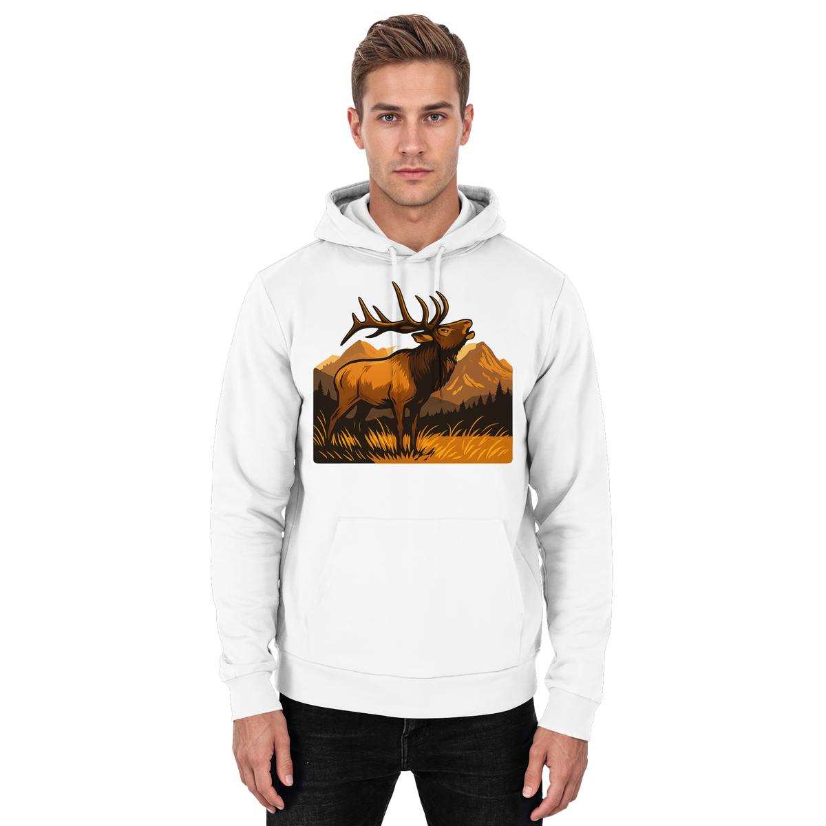 Arvenzo Elk Meadow Hoodie in Arctic White, unisex front view showing soft fabric and classic hoodie design.