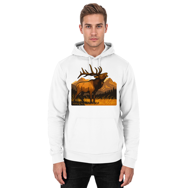 Elk Meadow hoodie in Arctic White with a bull elk in a meadow – Arvenzo