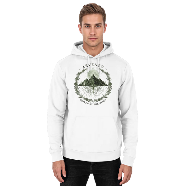 Lunar Horizon hoodie in Arctic White with a mountain, moon and laurel wreath – Arvenzo