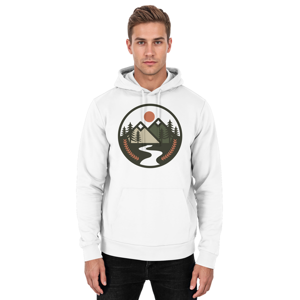 Open Ground hoodie in Arctic White with a round mountain, sun and trail badge – Arvenzo