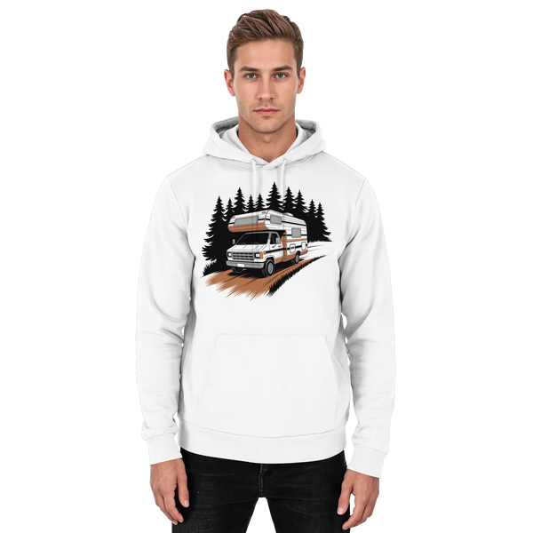 Pathfinder hoodie in Arctic White with a camper van on a forest road – Arvenzo